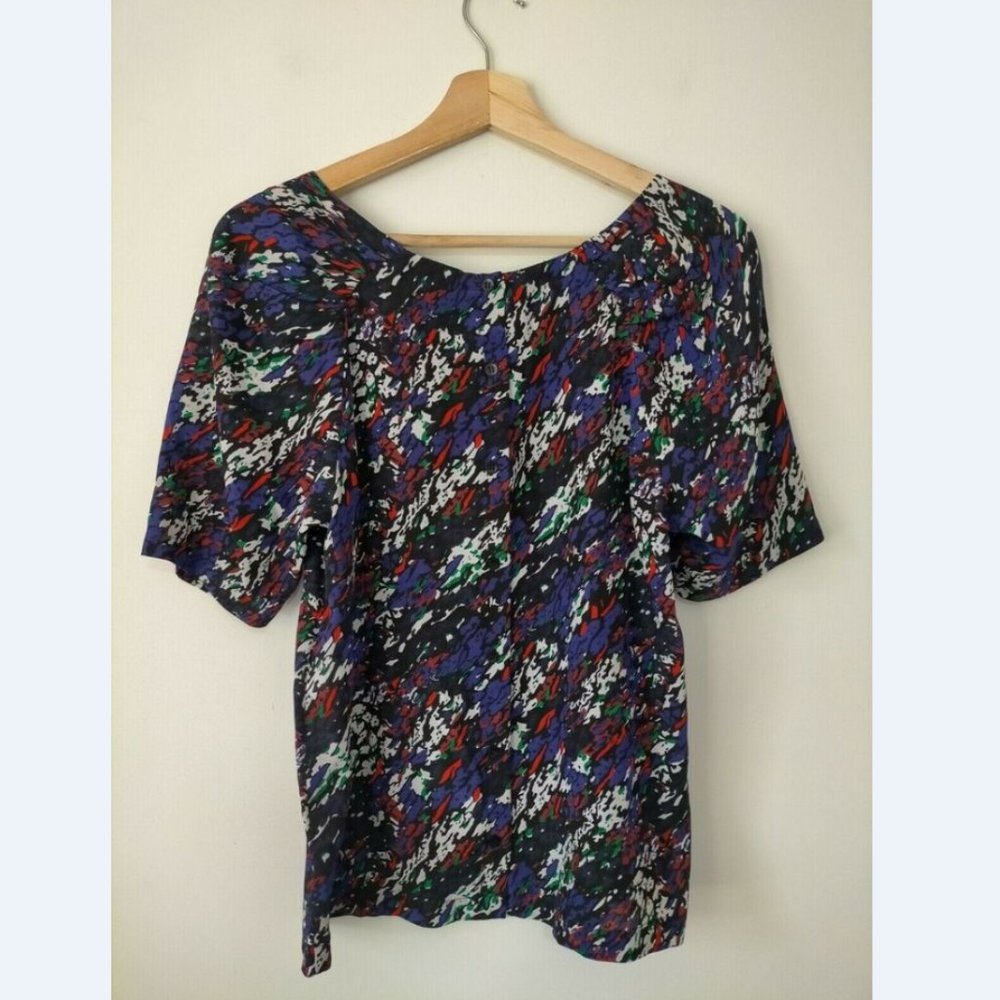 Maje 100% Silk Blue Top Size S Short Sleeve Lightweight Corporate Shirt - Picture 2 of 7